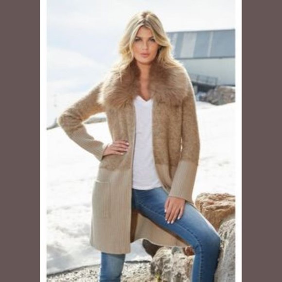 BOSTON PROPER COLORBLOCK FAUX FUR COLLAR SWEATER COAT SIZE: S - Picture 1 of 12